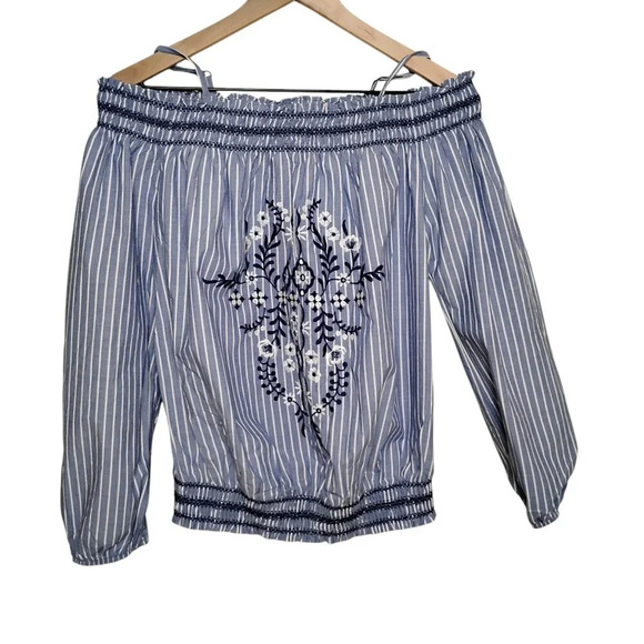 Xhilaration Blue and White Off Shoulder Blouse, Small - Picture 1 of 7